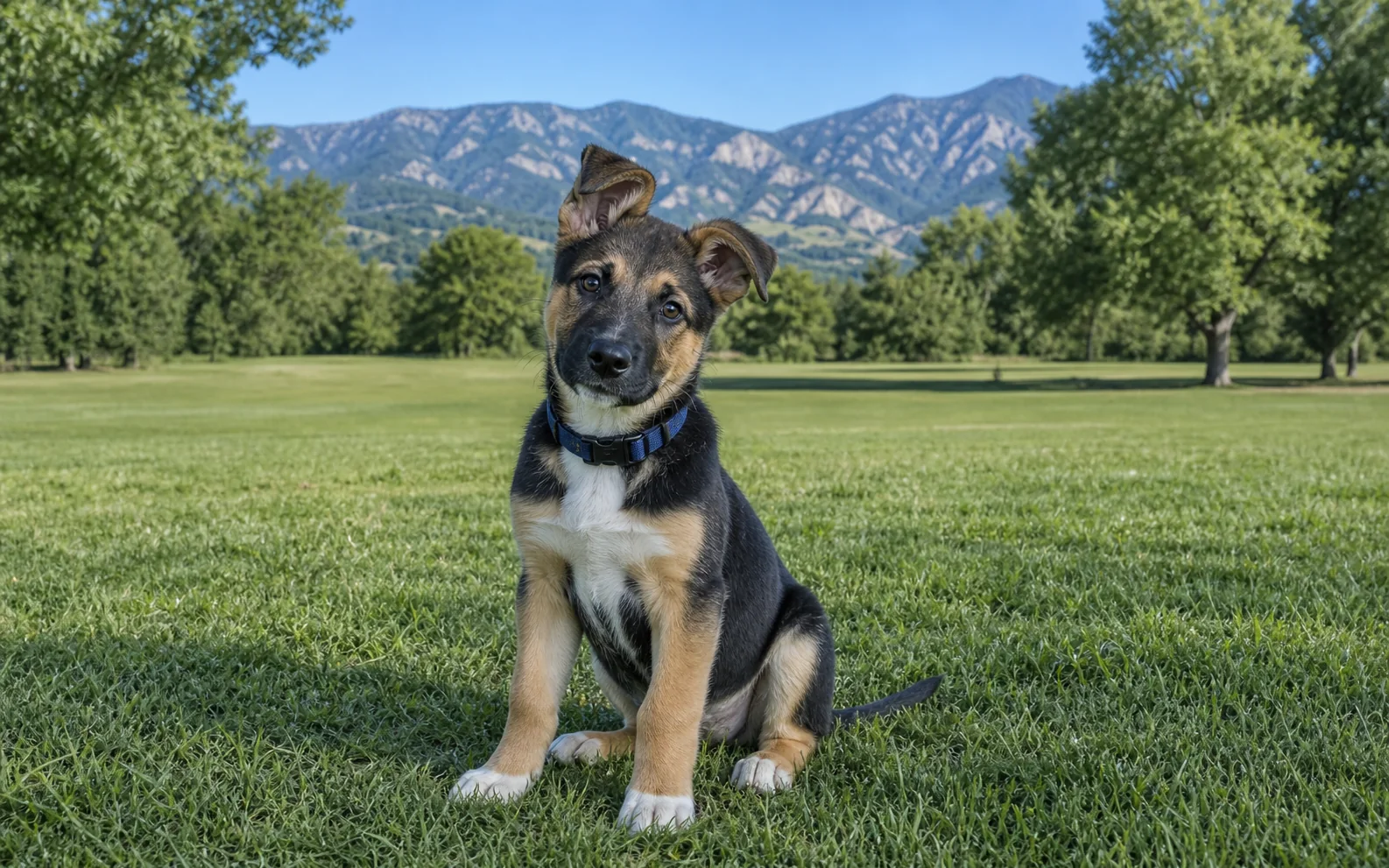 A puppy sitting in the grass with the Colorado foothills behind