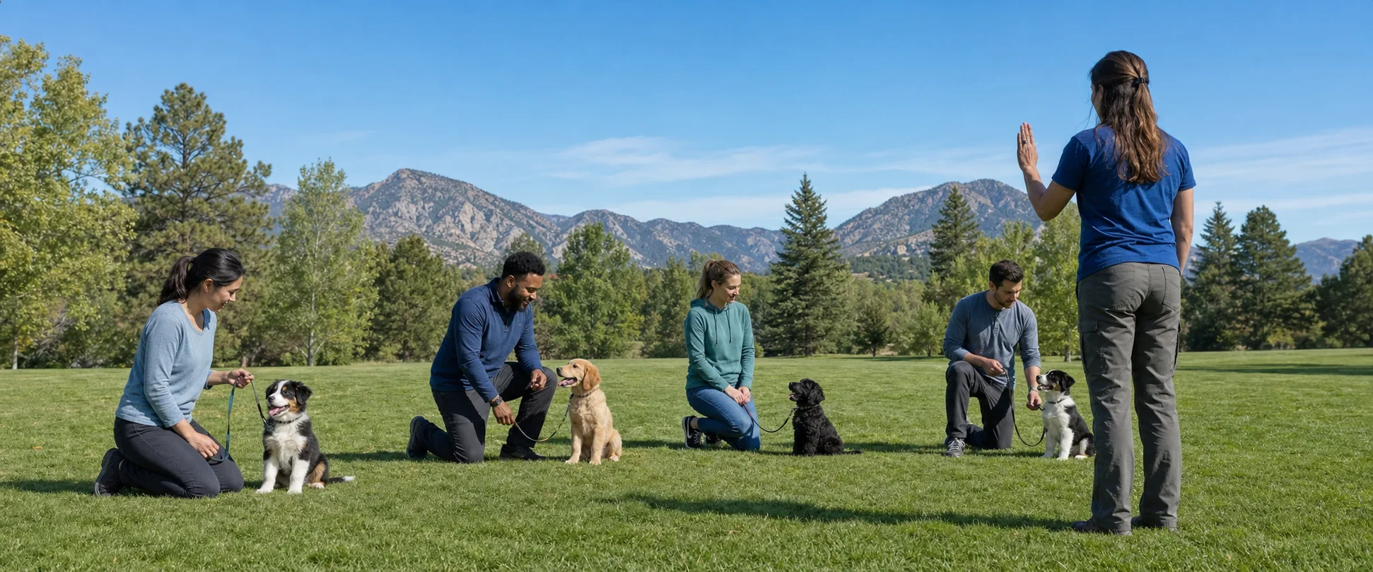 A small puppy class in a Colorado park, owners kneeling with their puppies on loose leashes