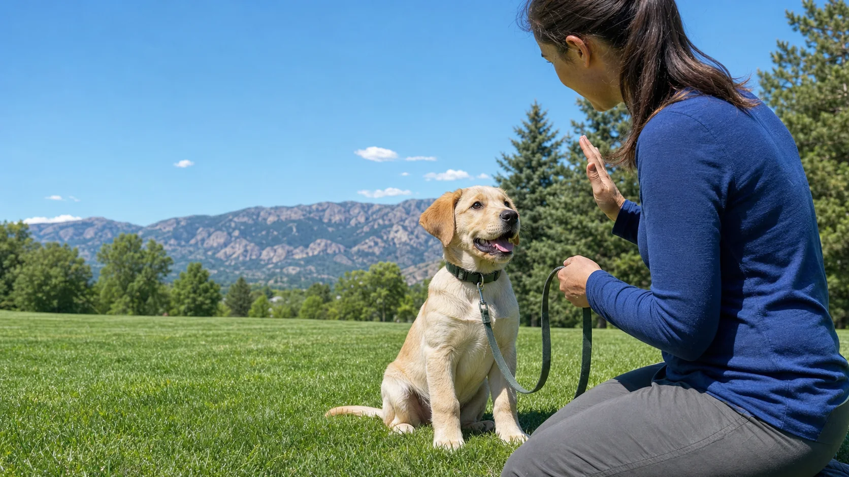 A yellow Labrador puppy sitting in a Colorado park, watching a trainer give a hand signal on a loose leash