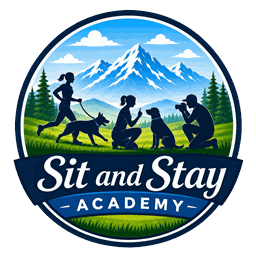 Sit and Stay Academy badge, a trainer and dog in a Colorado meadow