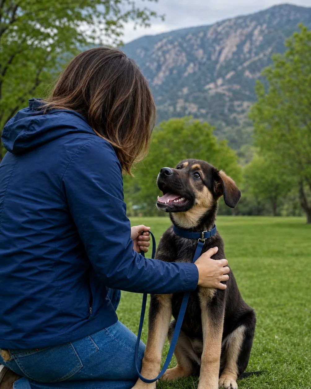 Barbara kneeling in a Colorado park beside a young shepherd-mix puppy on a loose leash, one hand resting on the puppy's shoulder