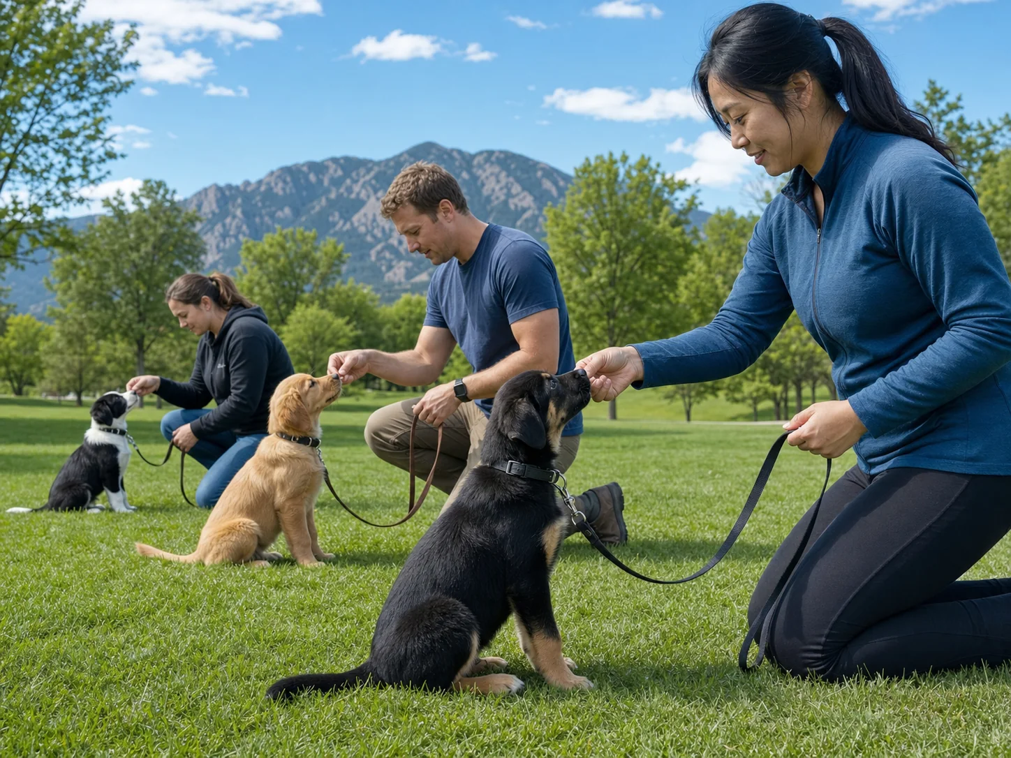 Owners kneeling in a Colorado park, each rewarding their puppy