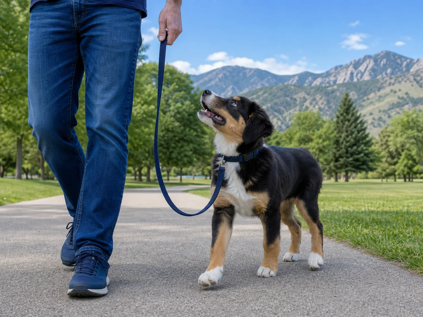 A puppy walking on a loose leash beside its owner on a park path