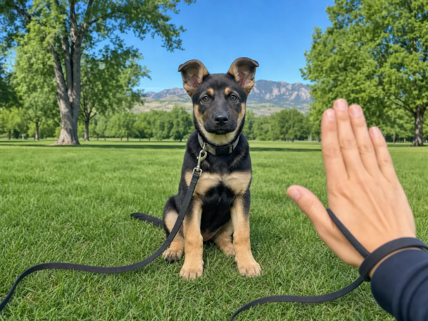 A puppy holding a happy sit in the park while a hand gives a gentle stay signal