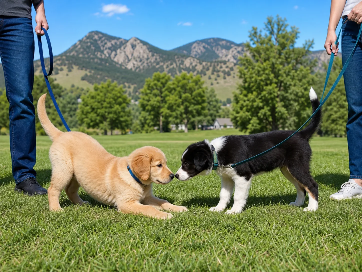 Two puppies greeting each other calmly on park grass, both on relaxed leashes